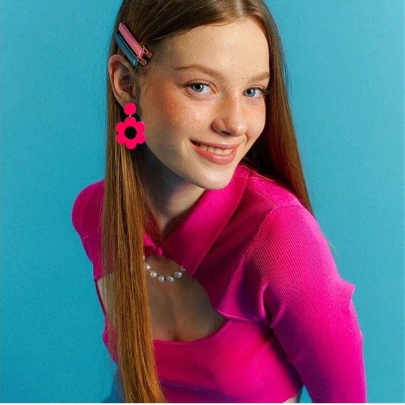 Hot Pink Hippie Flower 60s 70s Double Drop Earrings - Picture 4 of 7